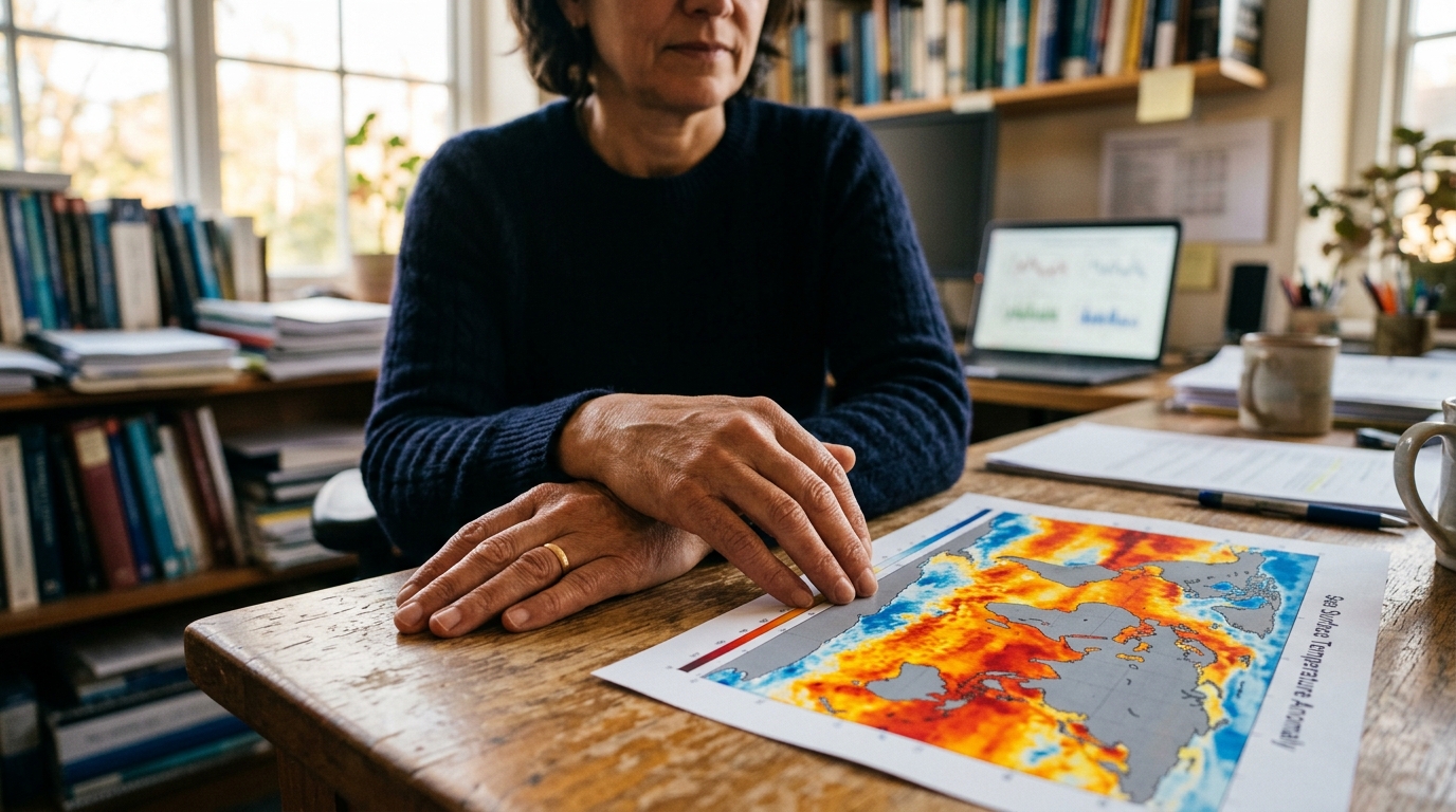 Mains de climatologue sur une carte de températures océaniques colorée