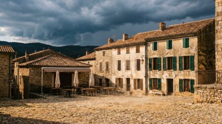 Place de village écrasée de chaleur sous un ciel d'orage