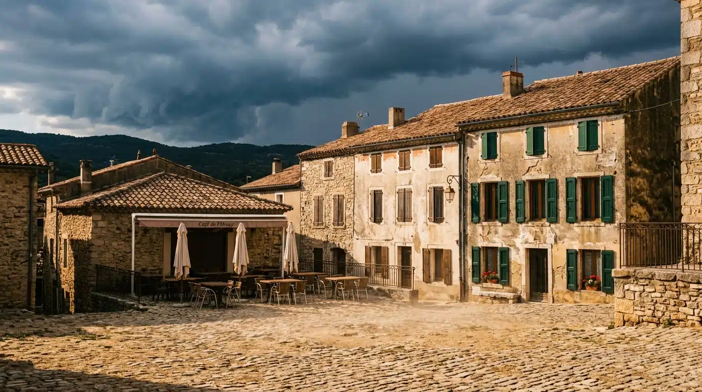 Place de village écrasée de chaleur sous un ciel d'orage