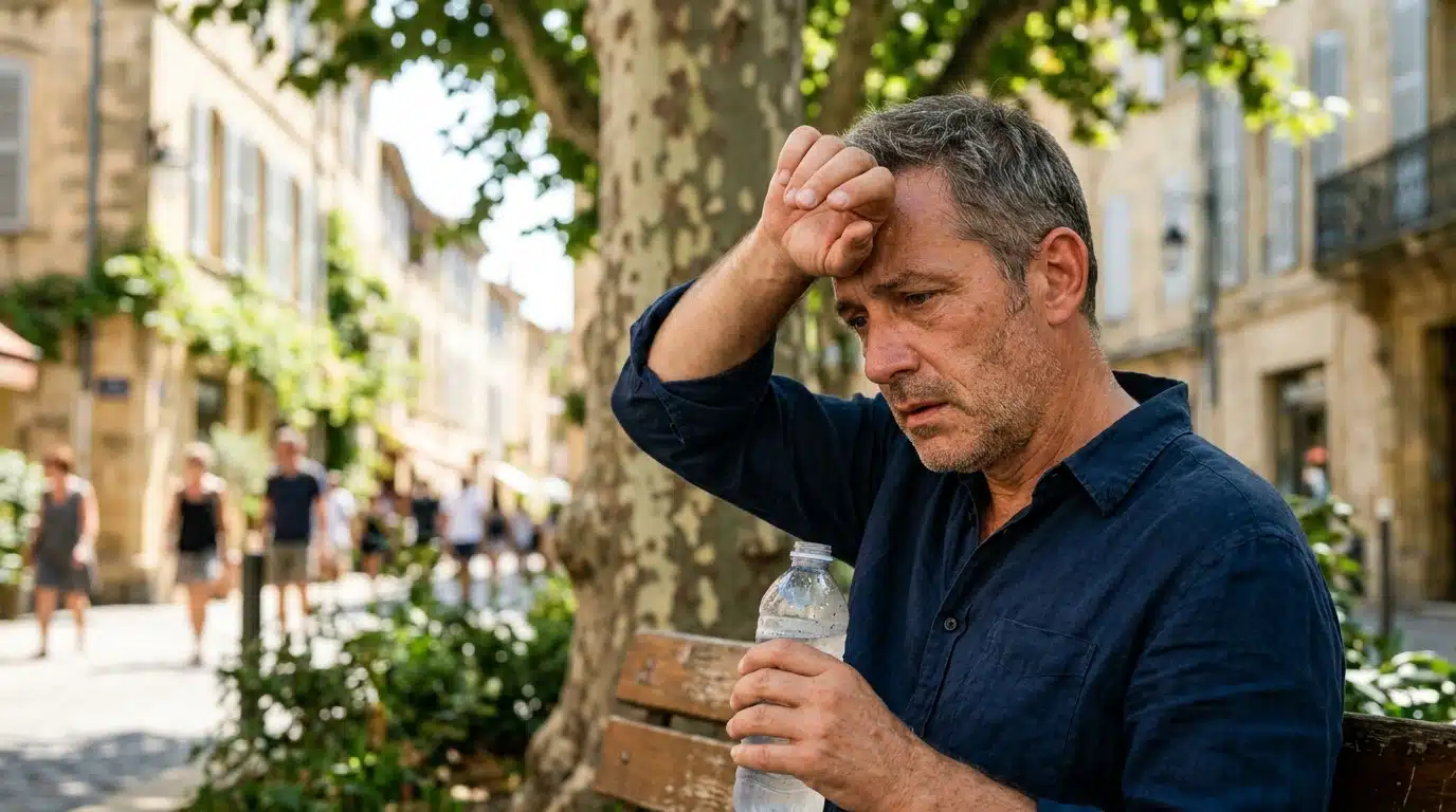 Passant fatigué par la chaleur à l'ombre d'un platane