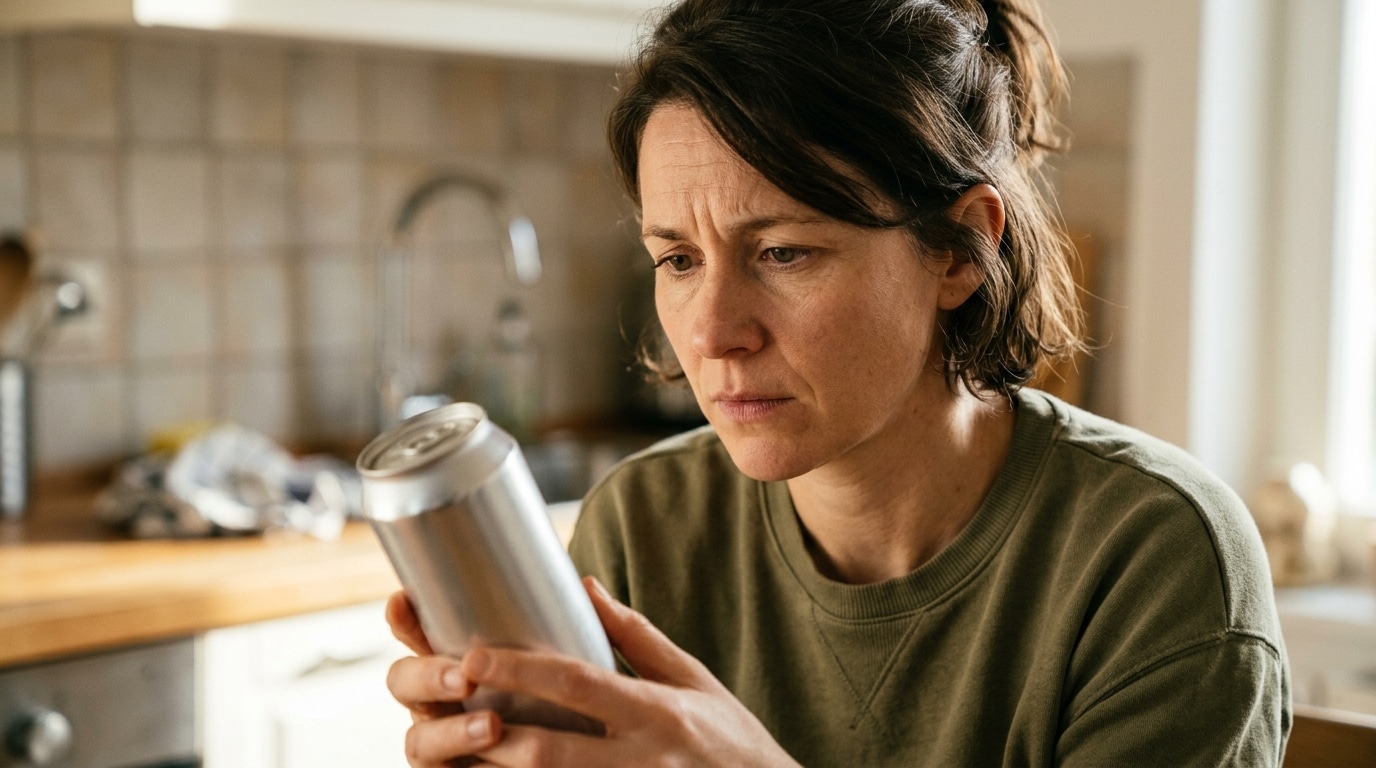 Parent inquiet regardant une canette dans une cuisine