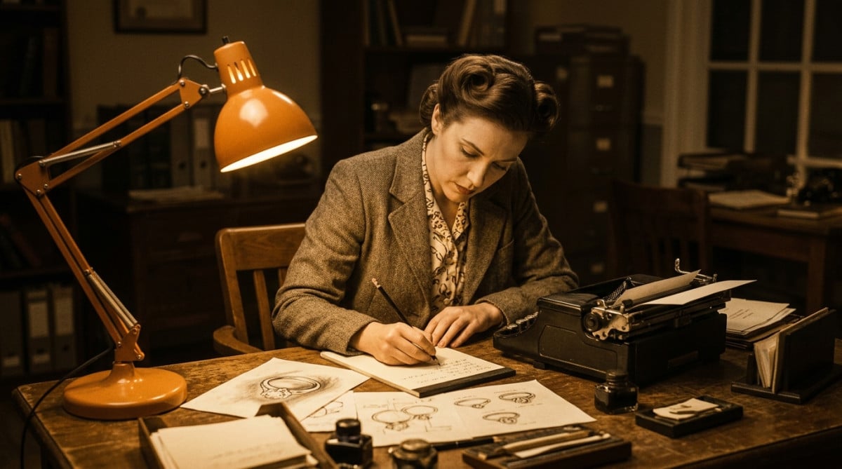 Rédactrice publicitaire des années 1940 écrivant un slogan