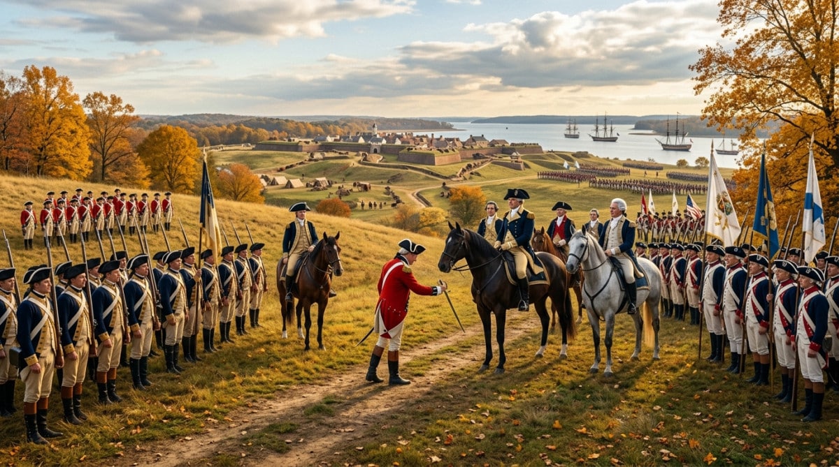 Reddition britannique à Yorktown devant les troupes américaines et françaises