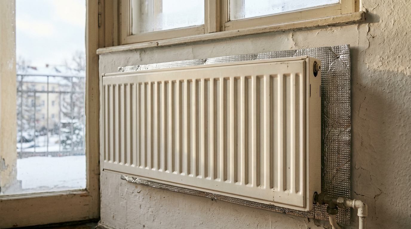 Radiateur blanc devant un panneau argenté réfléchissant sur mur