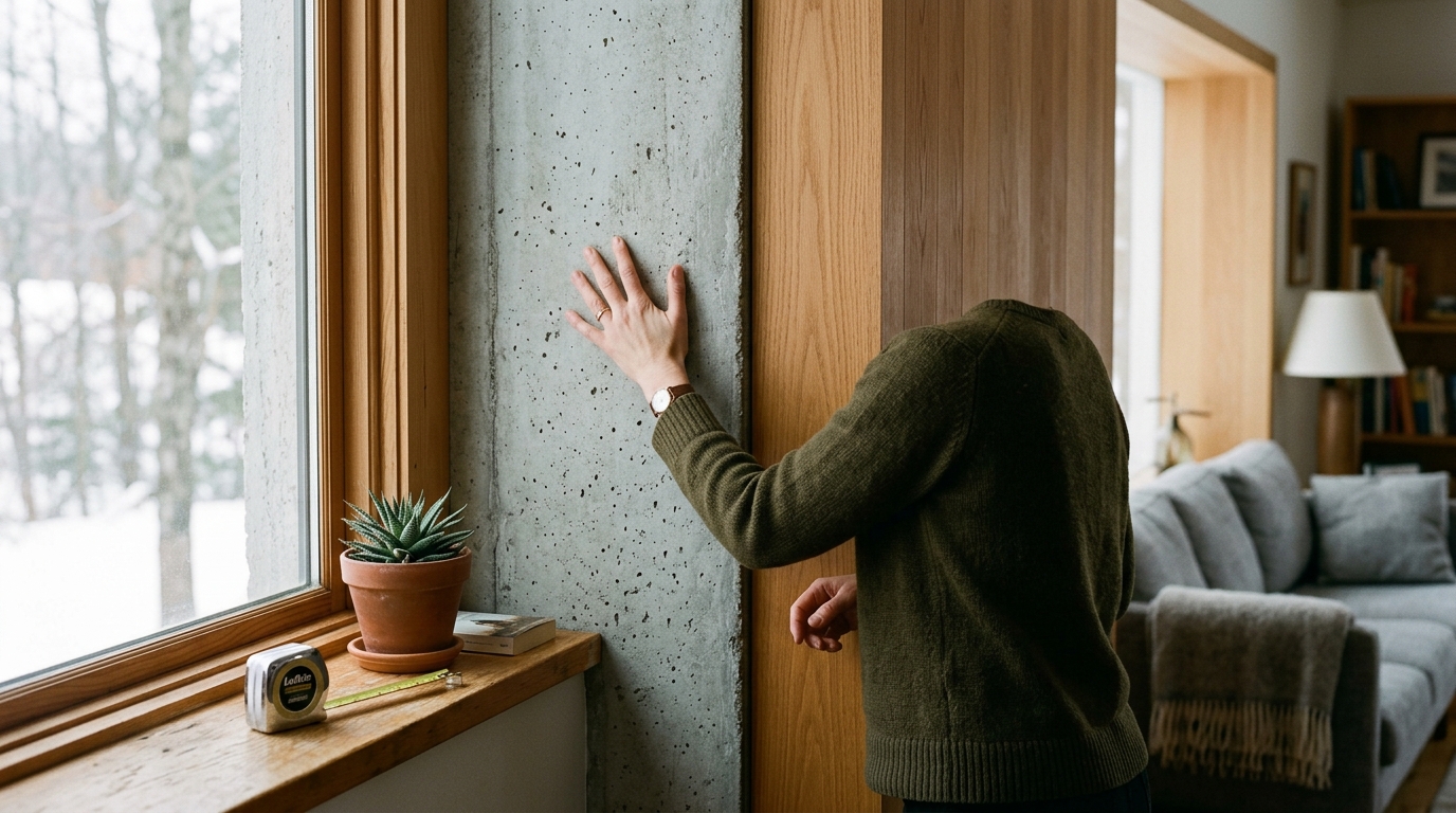 Main posée à plat sur un mur nu en hiver
