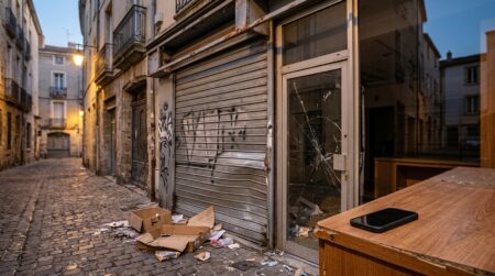 Rideau métallique abîmé d'une boutique de sport au crépuscule