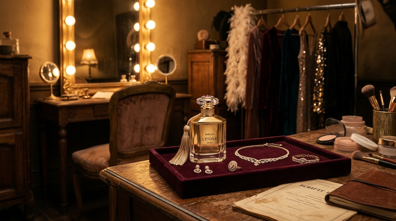 Flacon de parfum et écrin de bijoux posés sur une coiffeuse en coulisses d'une salle de spectacle parisienne