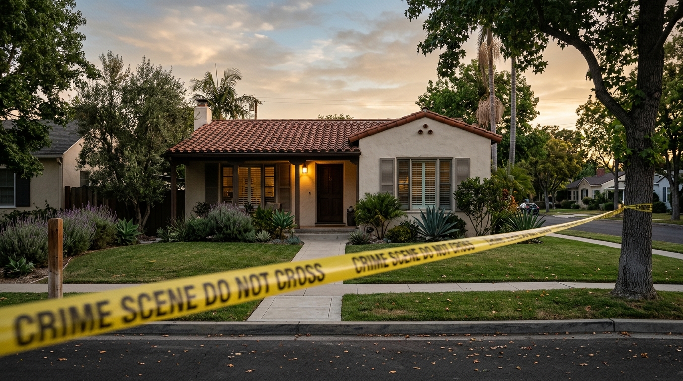 Maison de banlieue californienne au crépuscule, ruban de police