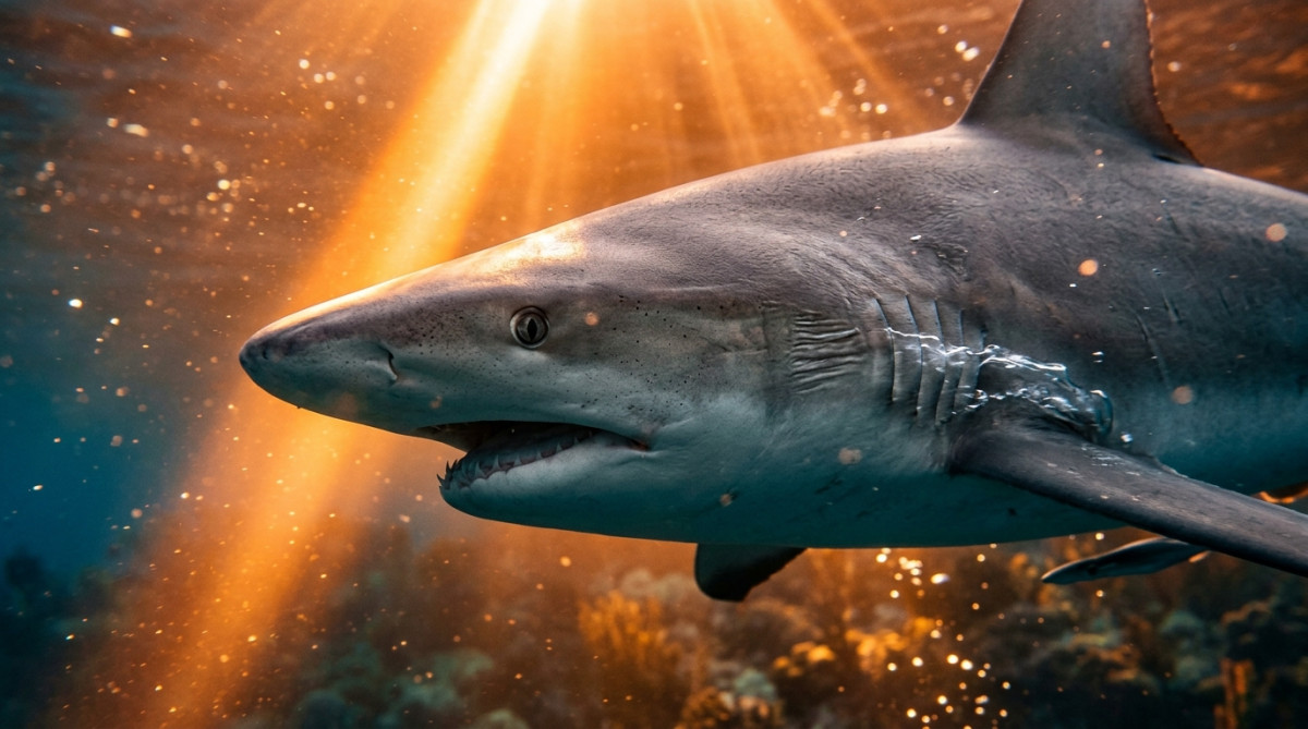 Requin nageant la bouche ouverte dans un rayon doré