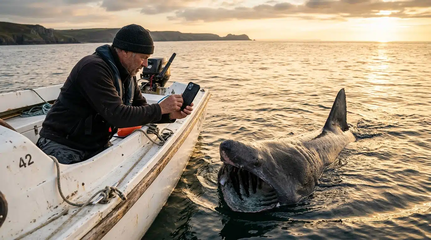 Homme en voilier photographiant un requin pèlerin à distance