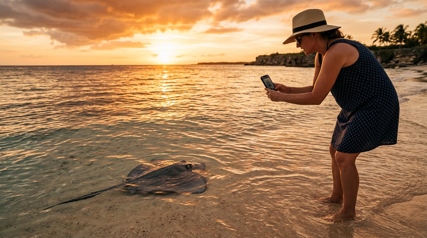Femme photographiant une raie en eau peu profonde au coucher du soleil
