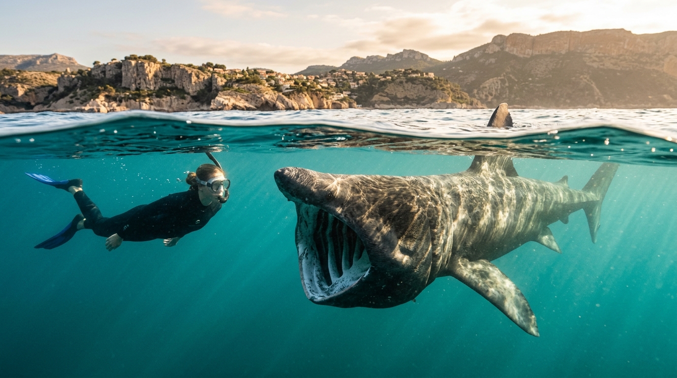Apnéiste face à un requin pèlerin près de la surface
