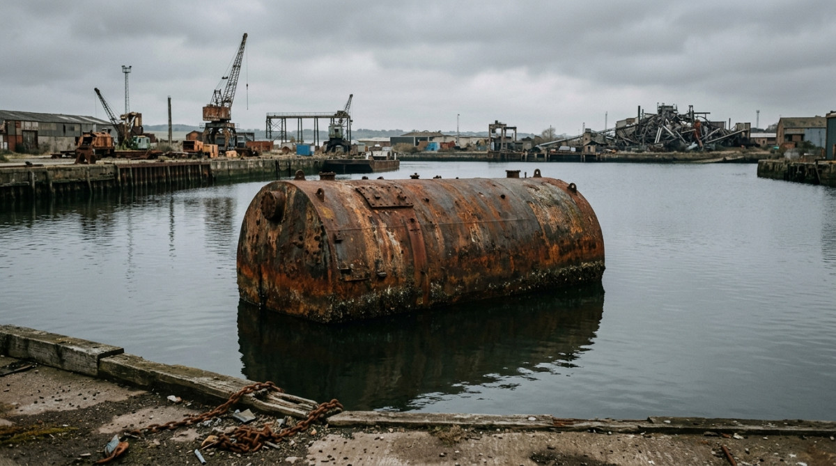 Réservoir d'acier rouillé à moitié immergé dans un chantier naval désert
