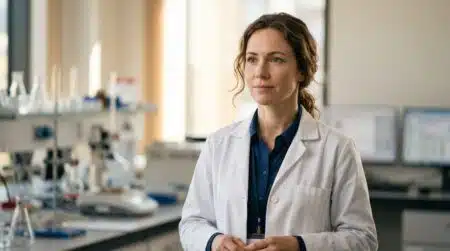 Scientifique en blouse blanche au regard calme et sérieux