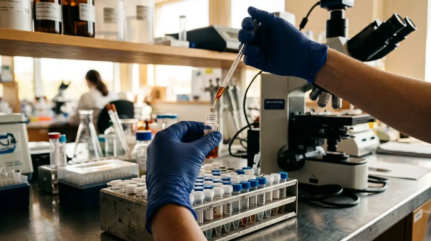 Mains gantées tenant une fiole dans un laboratoire