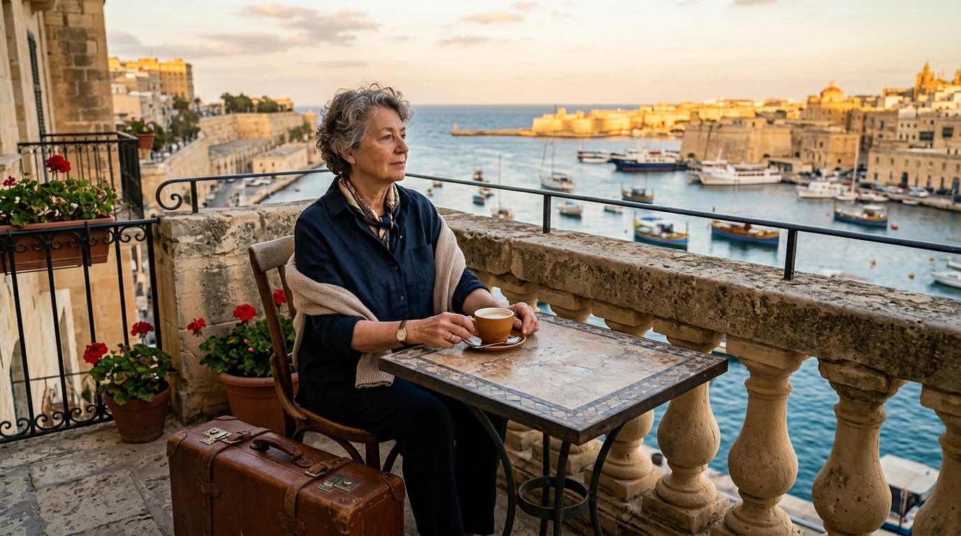 Retraitée seule sur un balcon face au port de Malte