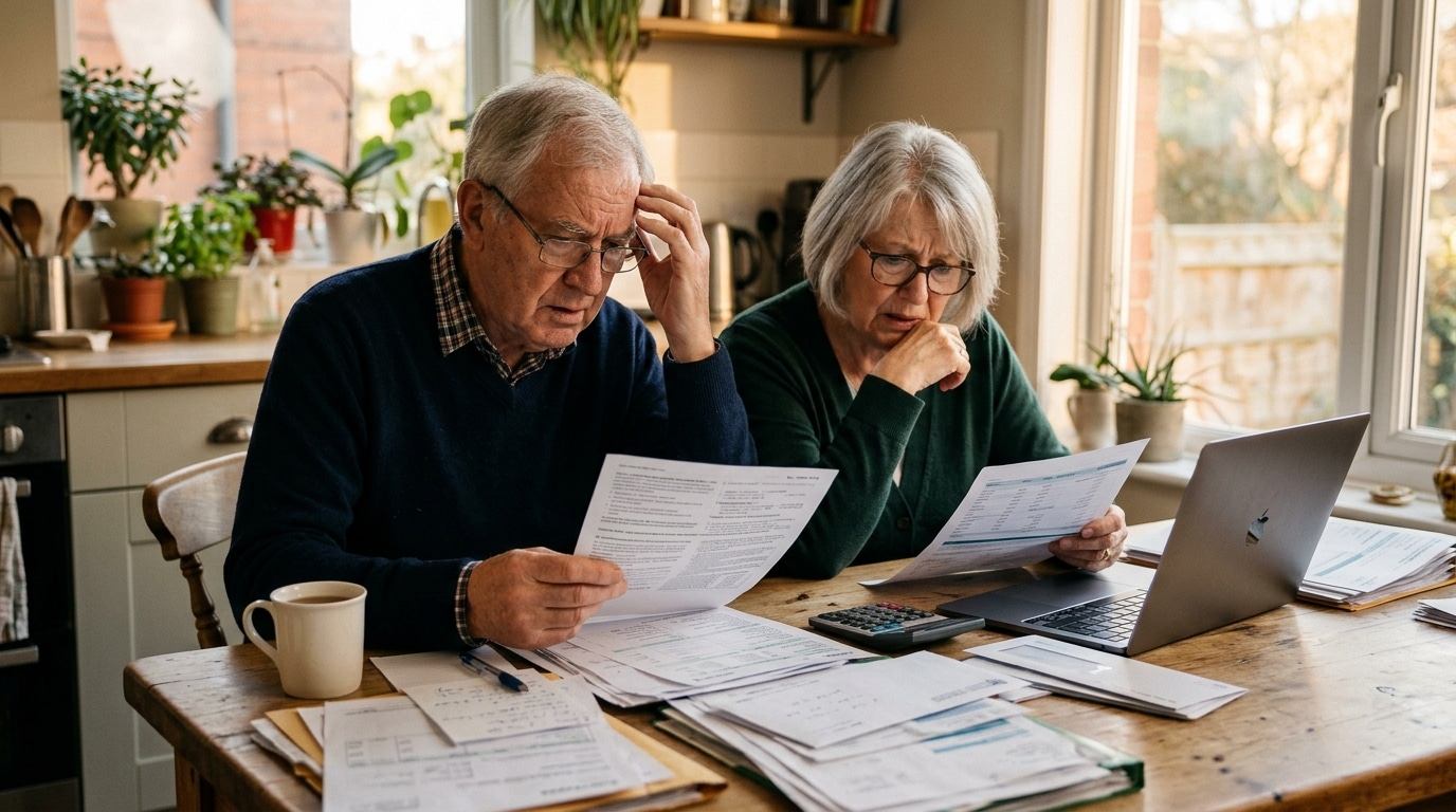 Couple de retraités examinant des papiers fiscaux