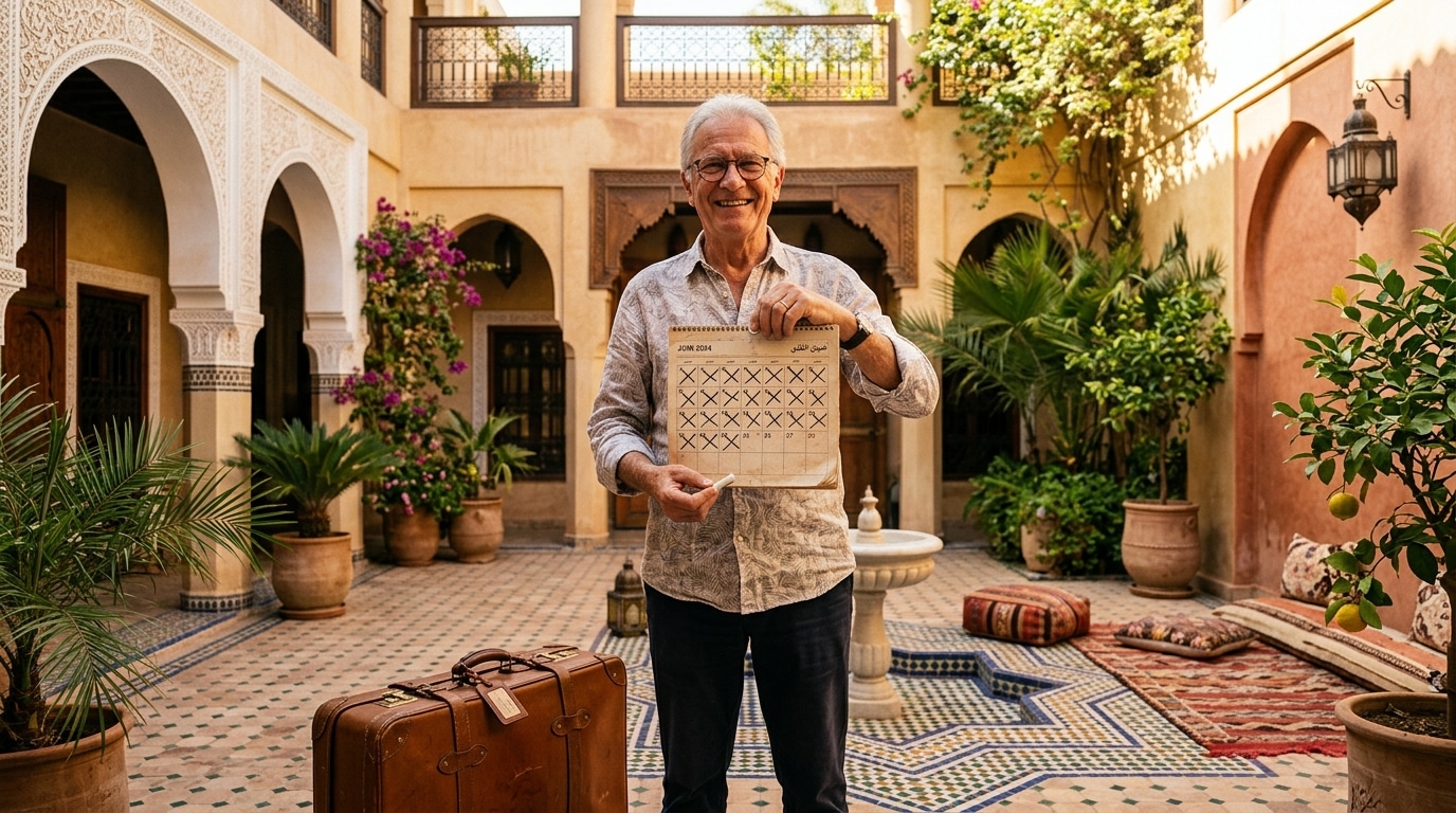 Retraité avec un calendrier barré dans un riad marocain
