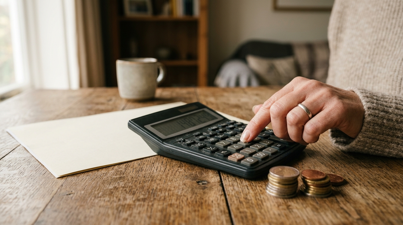 Main sur une calculatrice près de pièces d'euros sur une table
