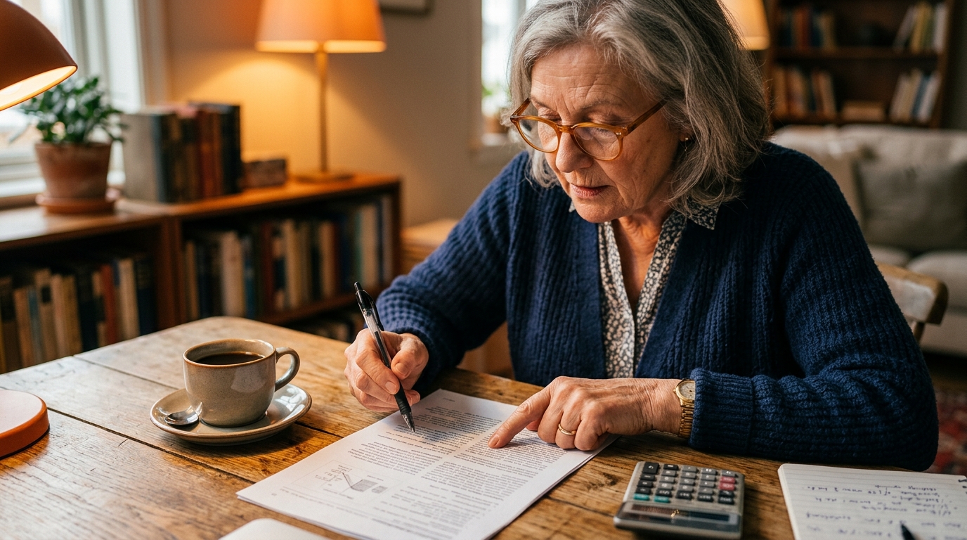 Retraitée comparant un document de pension et une calculatrice