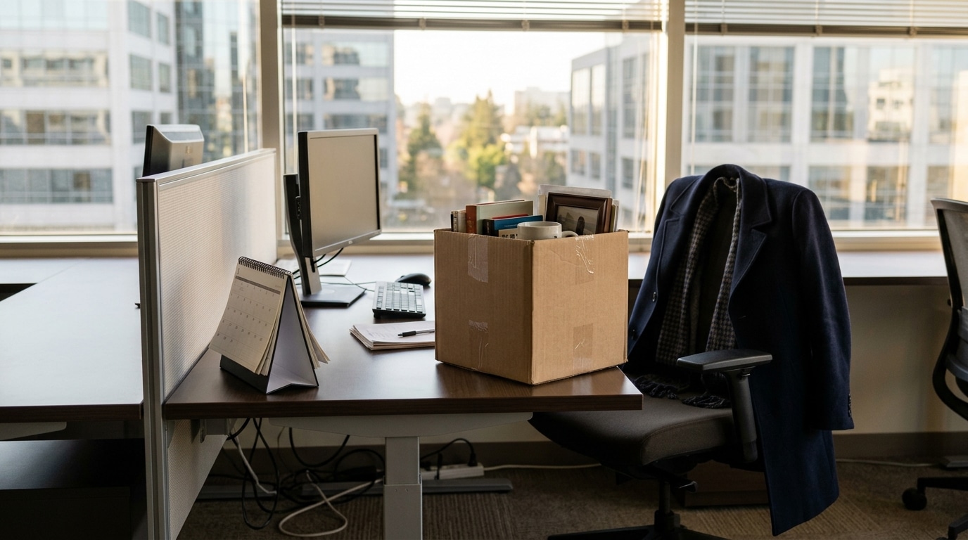 Bureau vidé près d'une fenêtre avec carton d'affaires