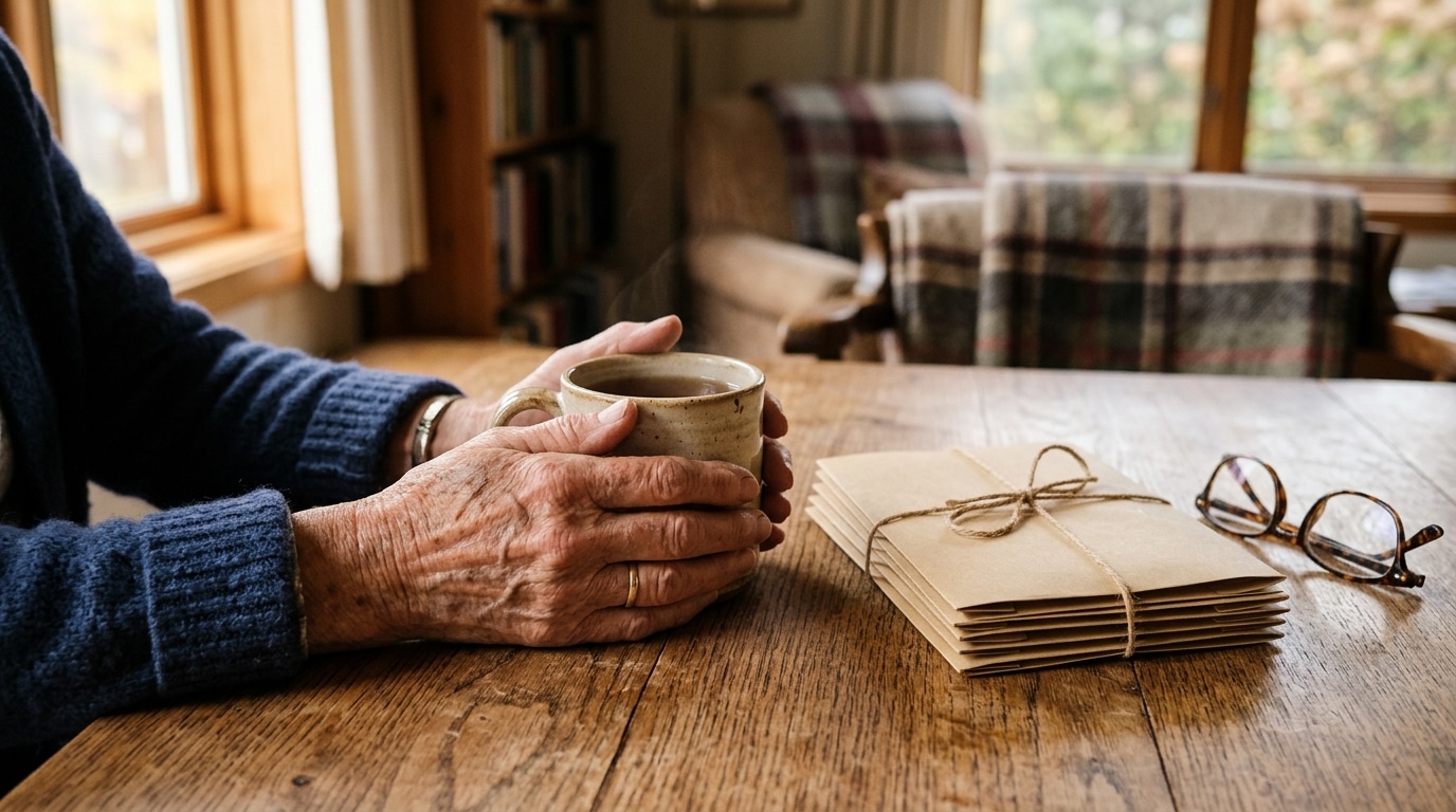 Mains âgées, lunettes et dossiers sur une table en bois