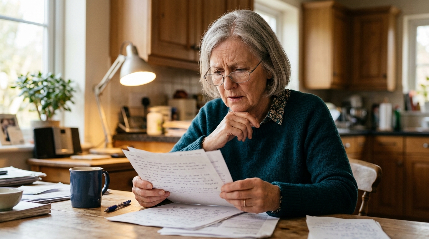 Senior inquiet lisant des papiers à une table de cuisine