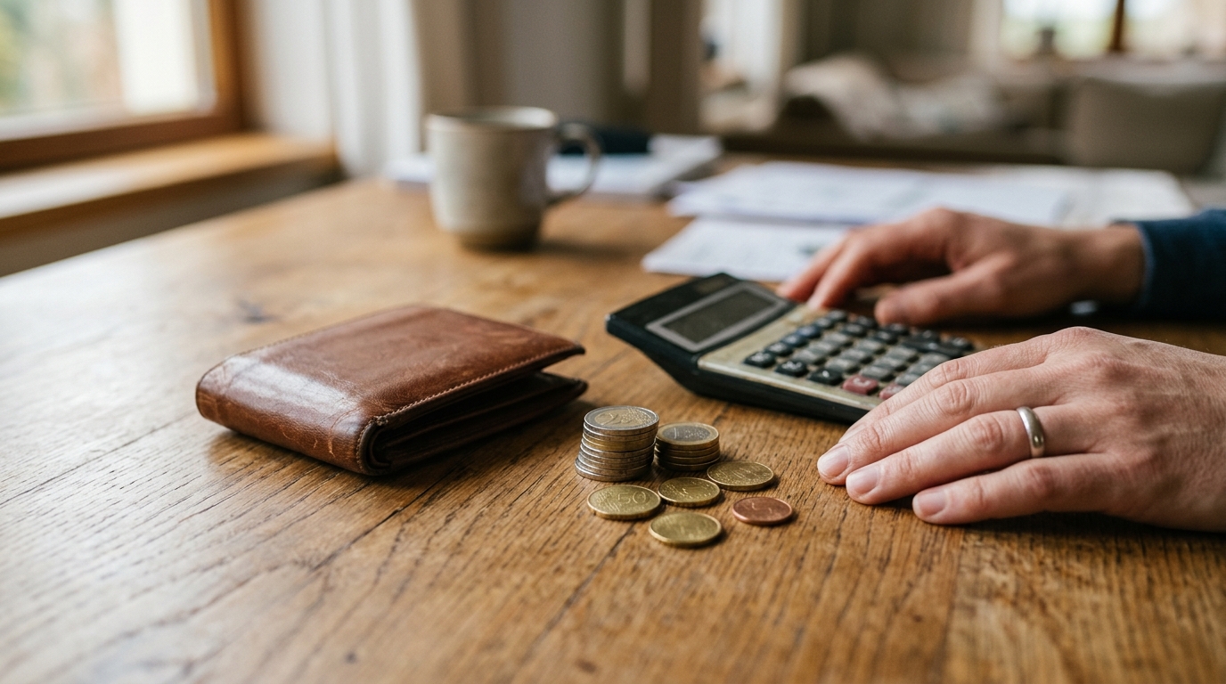 Pièces d'euros et calculatrice posées sur une table en bois