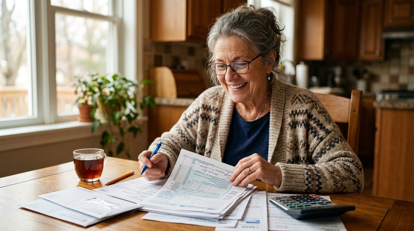 Retraitée soulagée devant ses papiers fiscaux sur la table