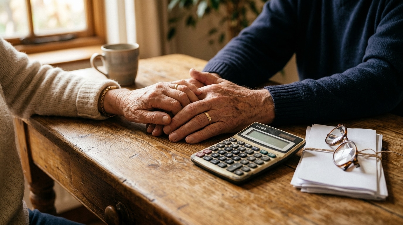 Mains de retraités avec calculatrice et lunettes sur table en bois
