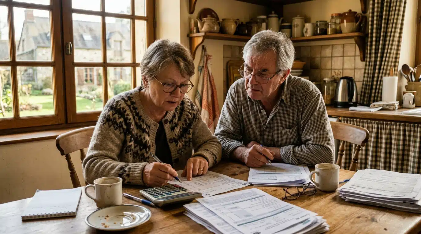 Couple de retraités inquiets devant leurs papiers d'impôts