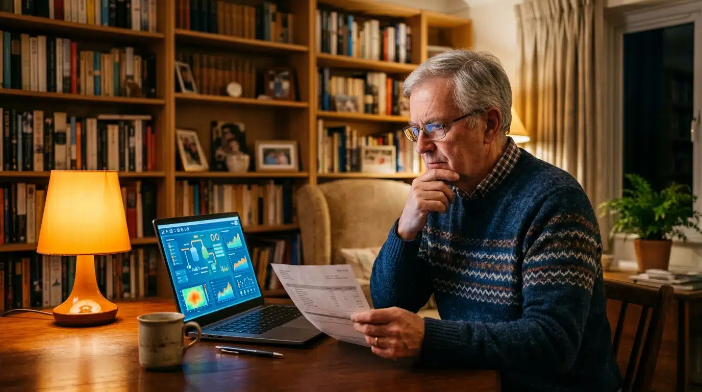 Retraité simulant son impôt sur un ordinateur portable