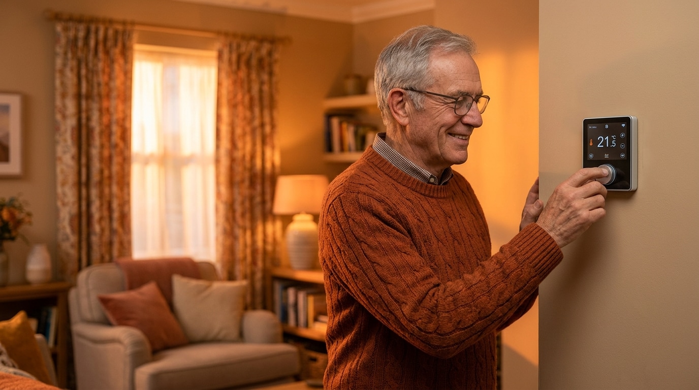 Senior réglant le thermostat de son salon