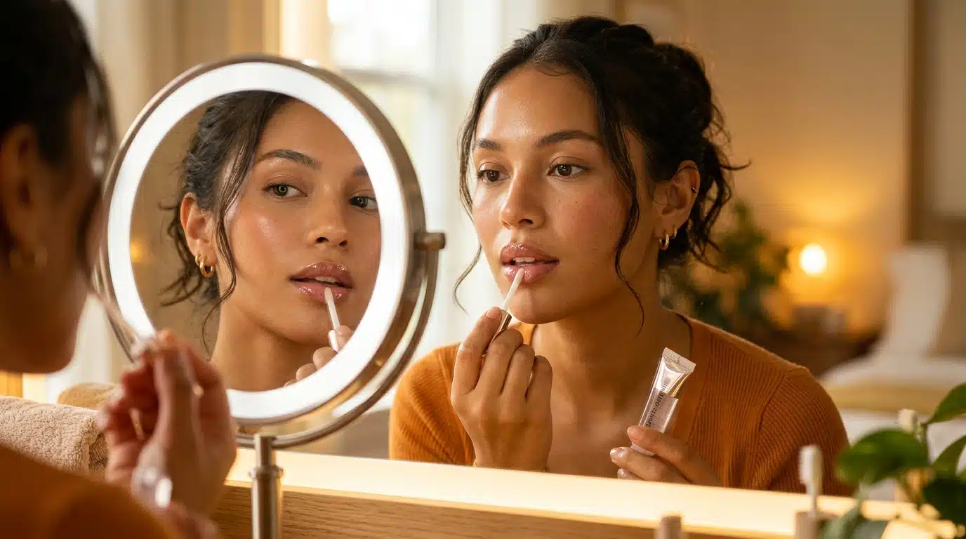 Application d'un baume à lèvres brillant devant un miroir