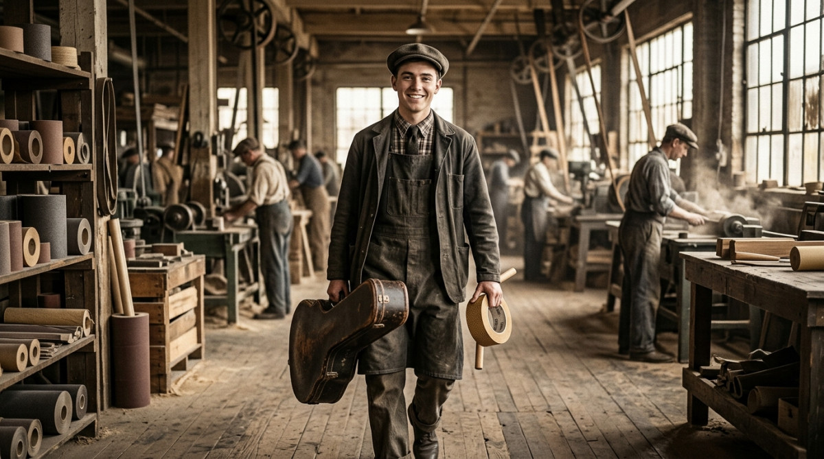 Richard Drew jeune avec un banjo et du ruban adhésif
