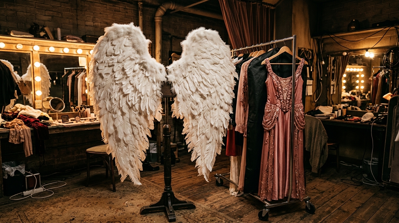 Ailes blanches et tenue rose dans une loge