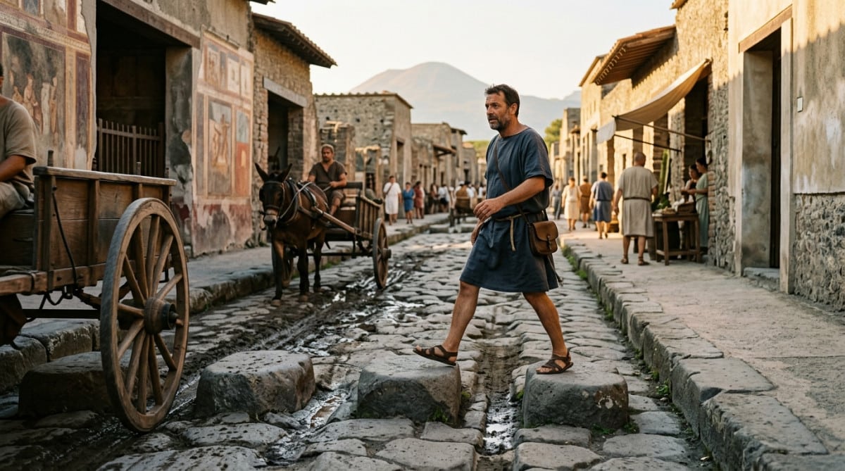 Romain traversant une rue de Pompéi sur des pierres surélevées
