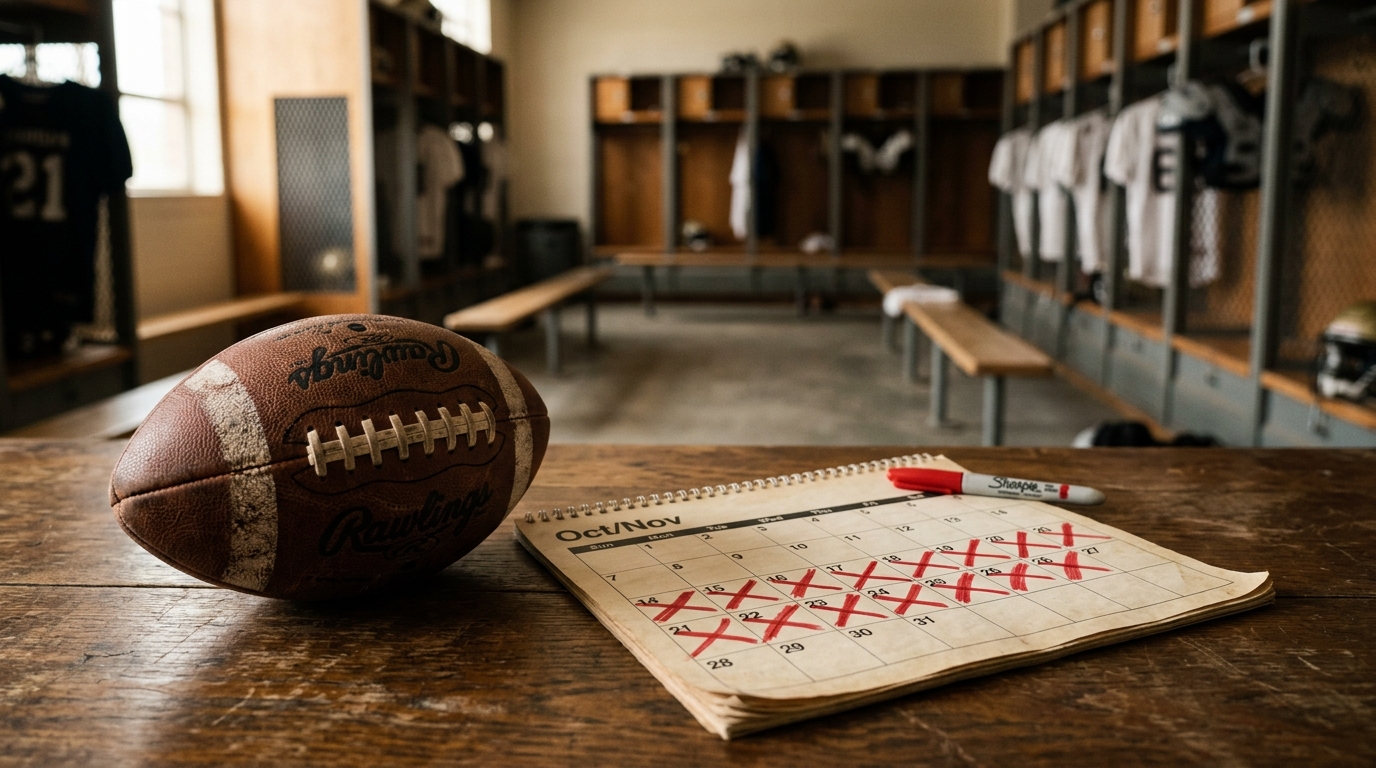 Calendrier barré au feutre rouge près d'un ballon de football