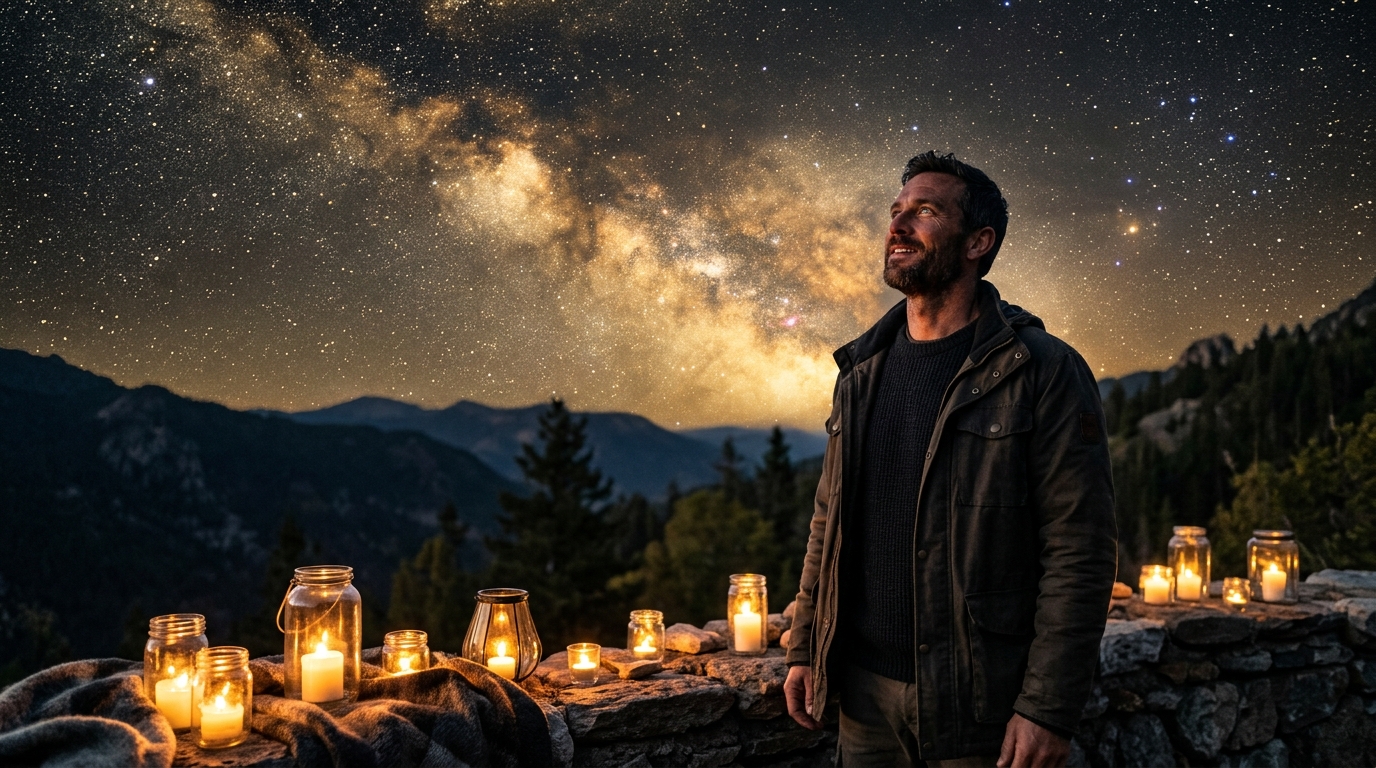 Homme fier regardant un ciel étoilé doré avec des bougies