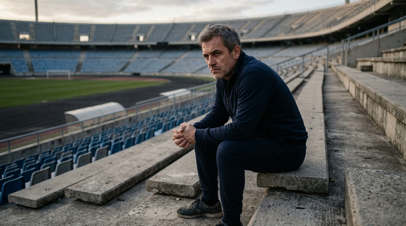 Homme anonyme au visage tendu assis sur un banc de stade