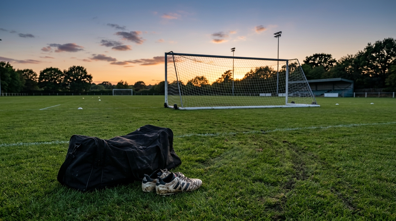 Sac de sport et crampons abandonnés sur une pelouse d'entraînement
