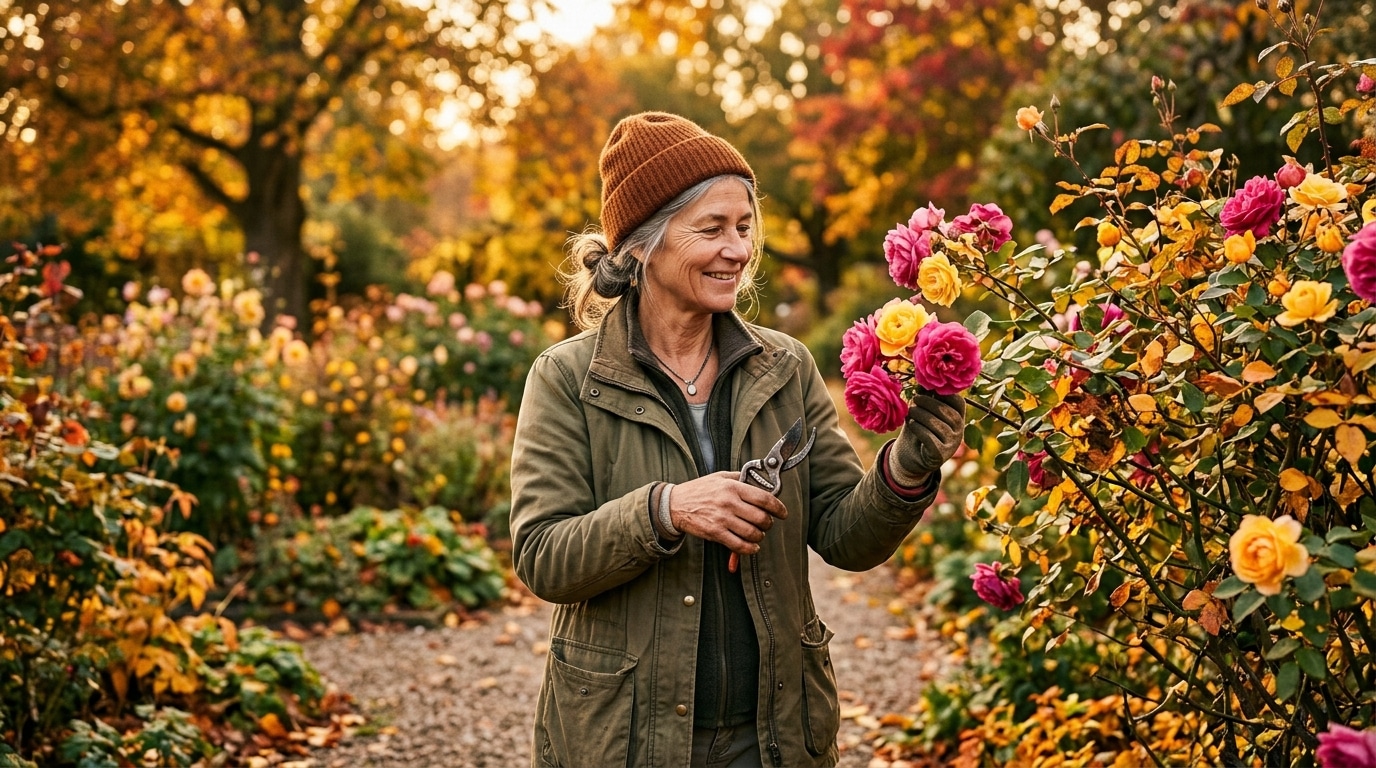 Jardinier hésitant devant un rosier avec son sécateur