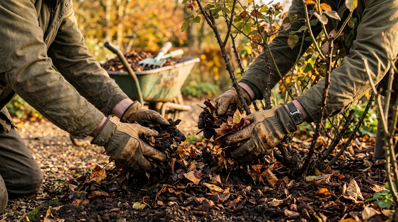 Mains gantées paillant le pied d'un rosier en automne