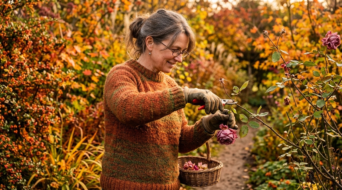 Jardinière coupant une fleur de rose fanée
