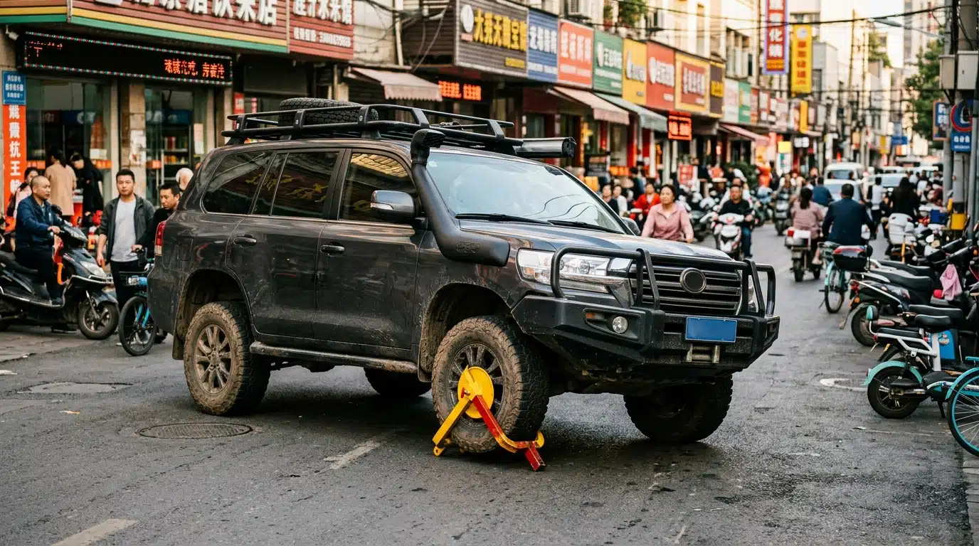 SUV tout-terrain roulant avec une roue levée et un sabot jaune