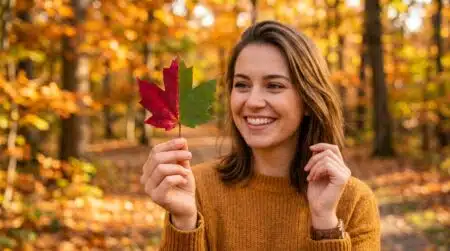 Femme tenant une feuille d'érable rouge et verte