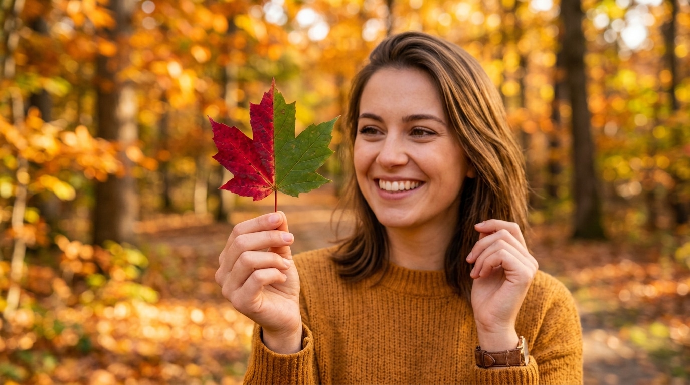 Femme tenant une feuille d'érable rouge et verte