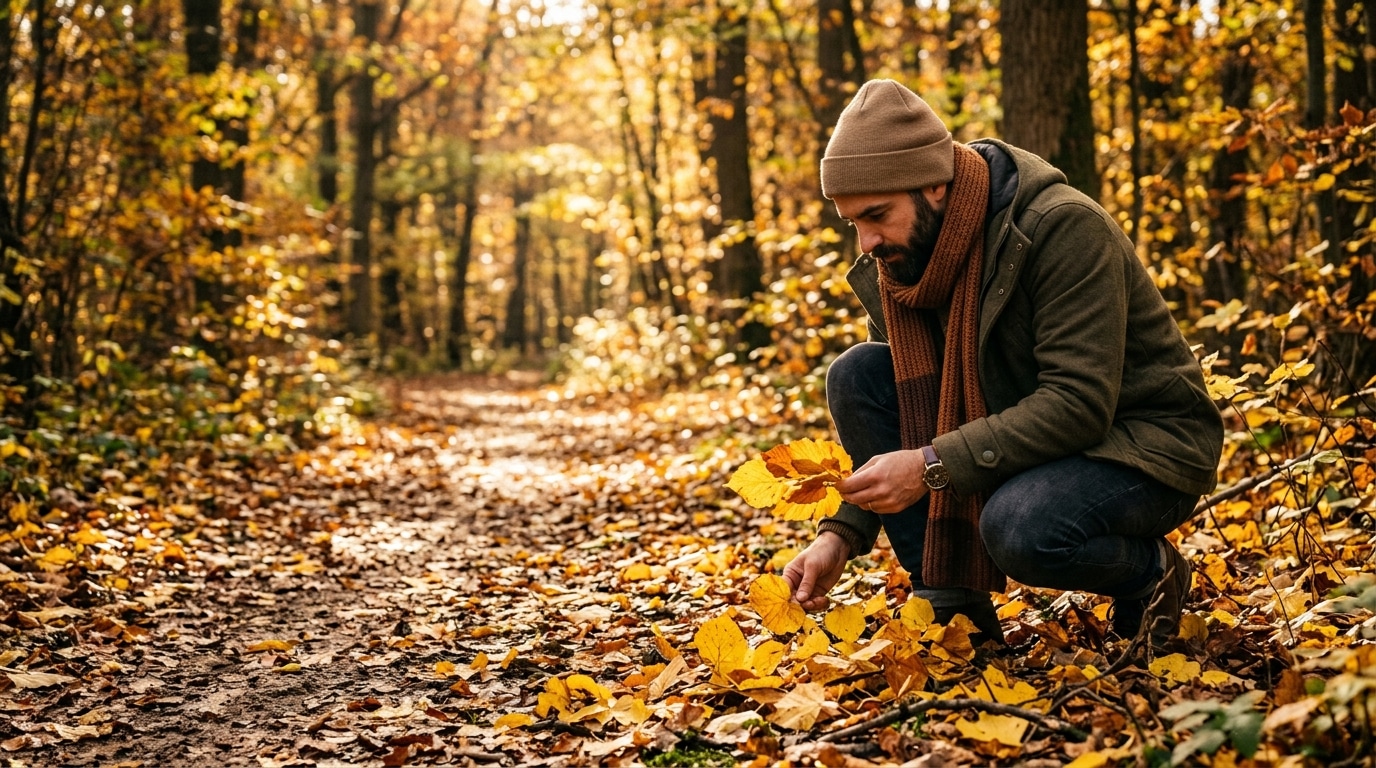 Homme observant des feuilles de tilleul jaunes en forêt