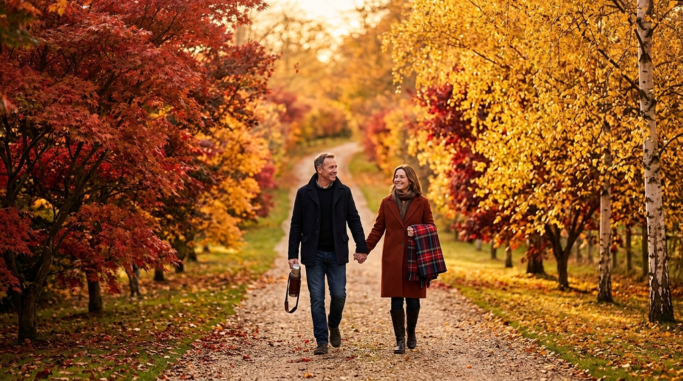 Couple se promenant sous des arbres rouges et dorés