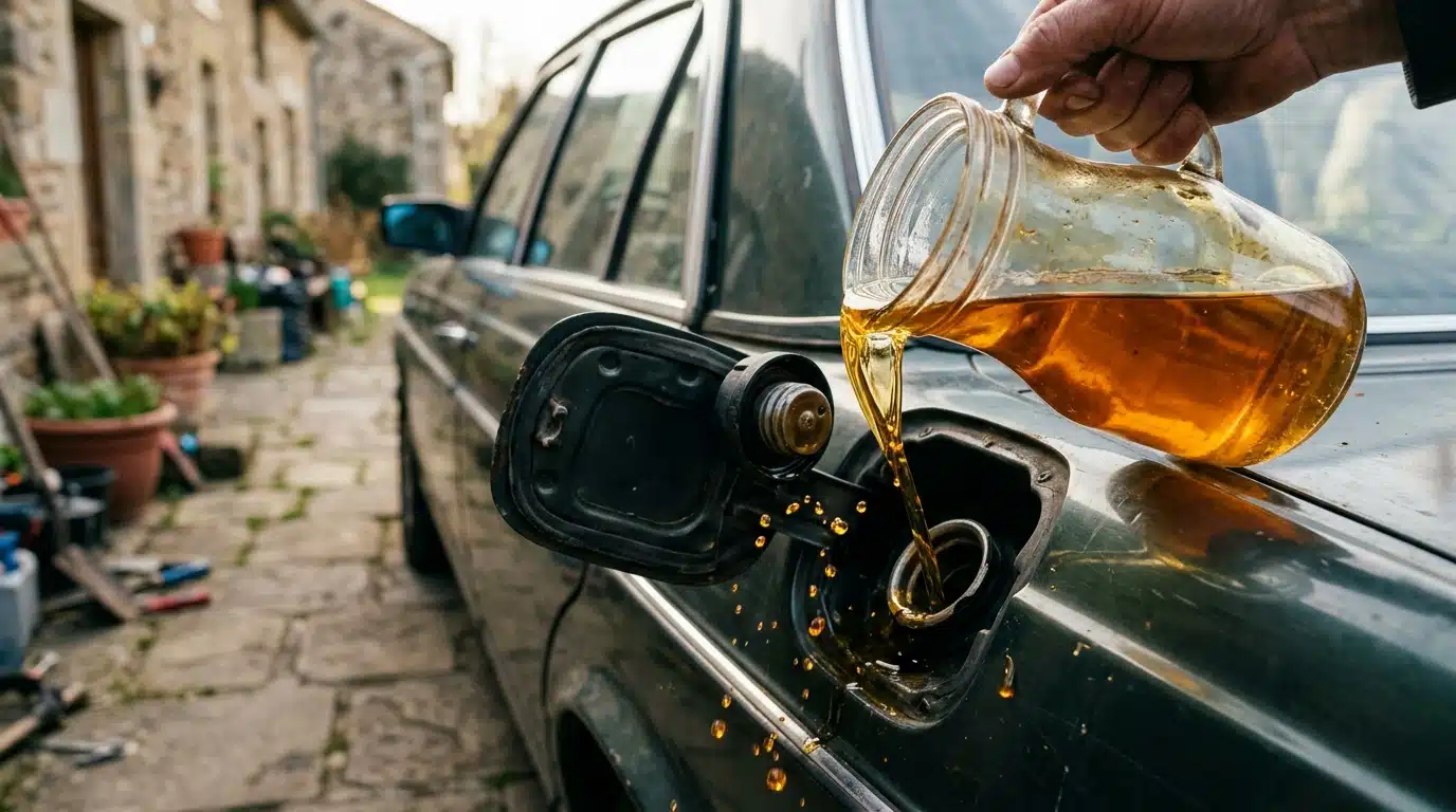 Huile dorée versée dans un réservoir de voiture